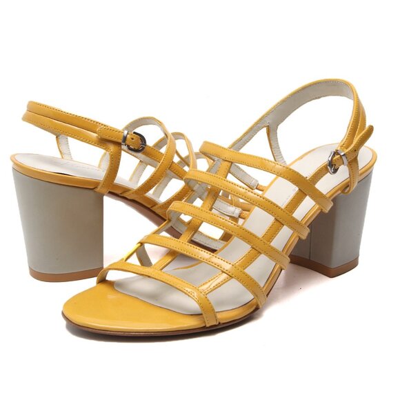 Kenneth Cole New York Patent Leather Caged Sandals Ankle strap Yellow Grey - Picture 13 of 13